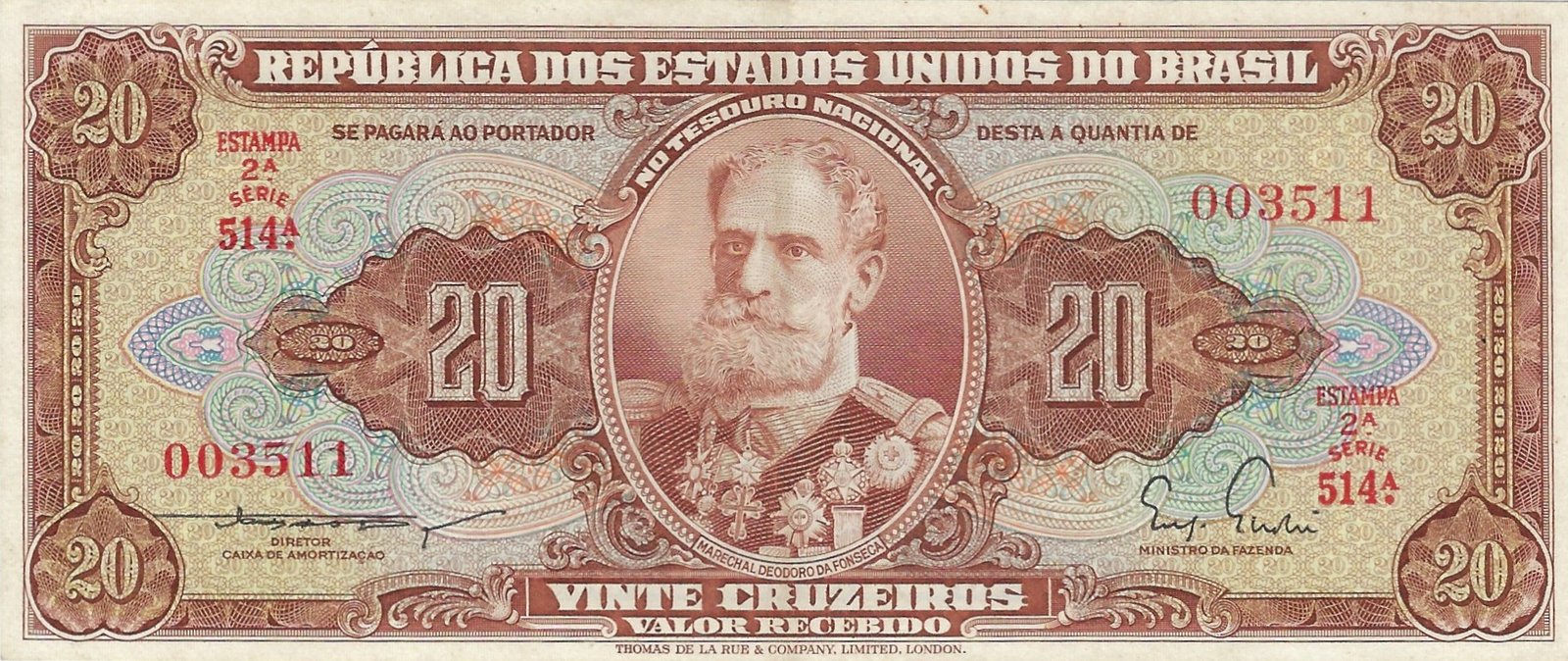 20 Cruzeiros (overprint on 20 Mil Réis P# 48) - Lote 5 - Resultado do leilão de moedas e cédulas