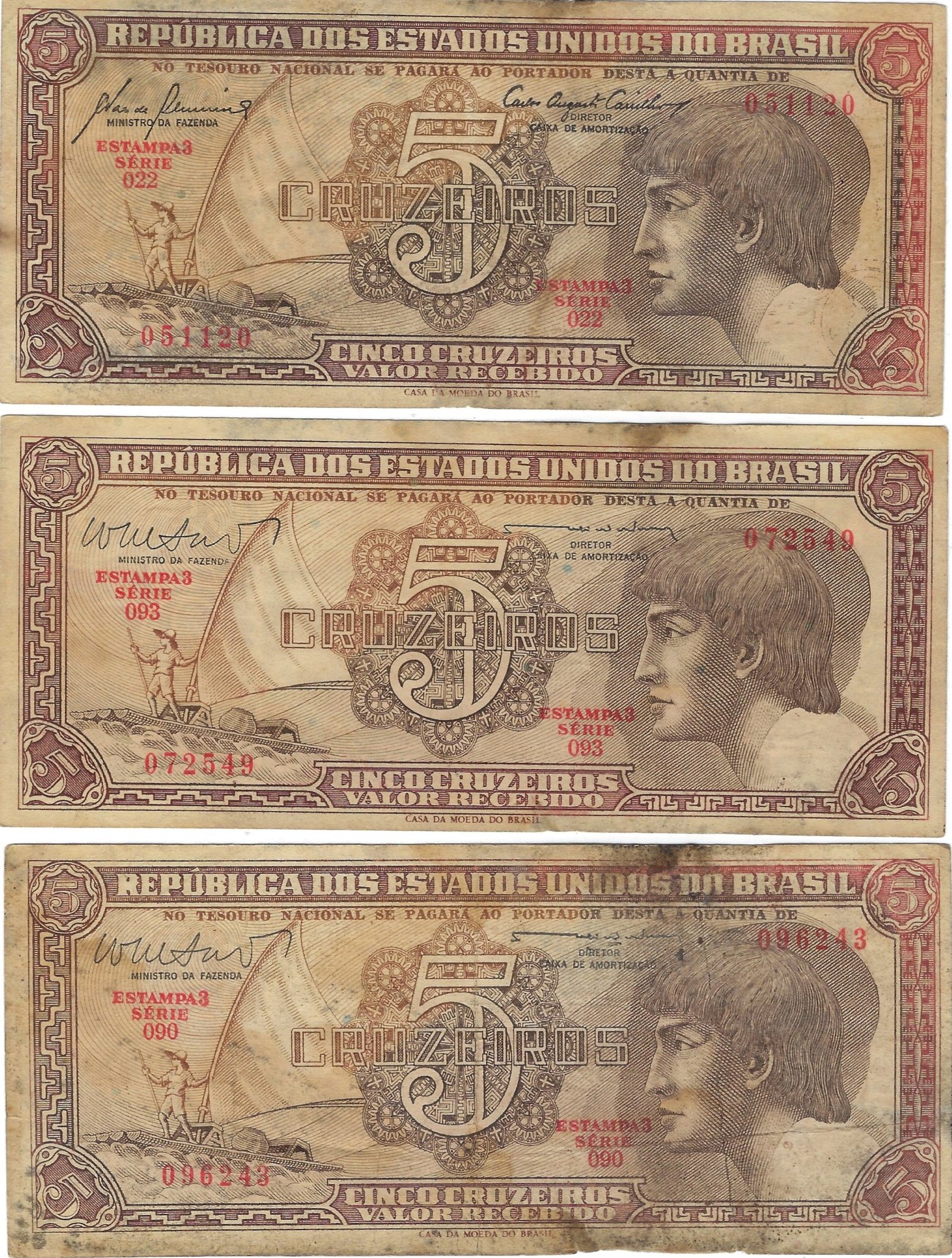 5 Cruzeiros (Thesouro Nacional; 3rd print) - 3 Cédulas - Lote 12 - Leilão aberto de moedas e cédulas